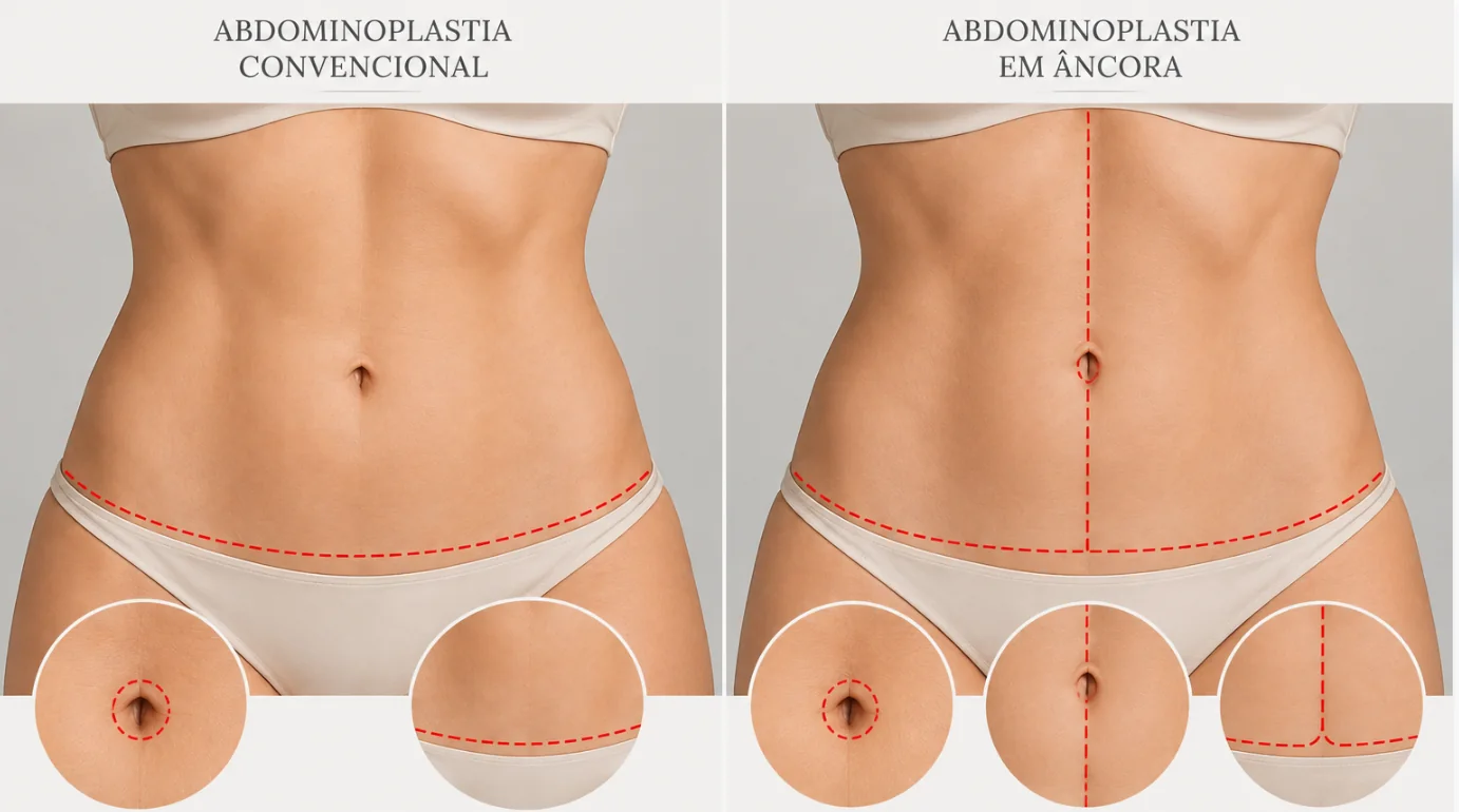 Comparação ilustrativa entre cicatrizes de abdominoplastia convencional e em âncora.