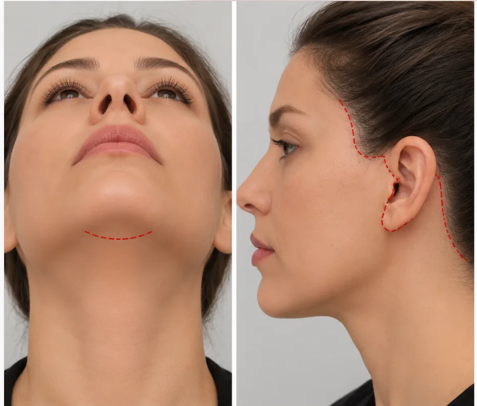 Planejamento ilustrativo das incisões do lifting facial e cervical.