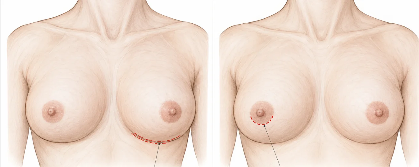Possíveis posicionamentos ilustrativos das cicatrizes na mamoplastia de aumento.